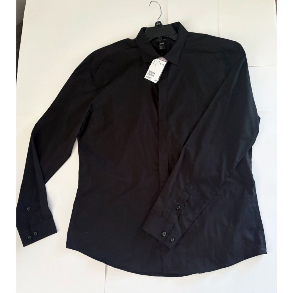 H&M Mens XL Black Easy Iron Button Down Dress Shirt Long Sleeve NWT Classic